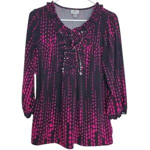Worthington Woman's Black Pink Dots Casual Stretch Long Sleeve Pullover Top SZ:L